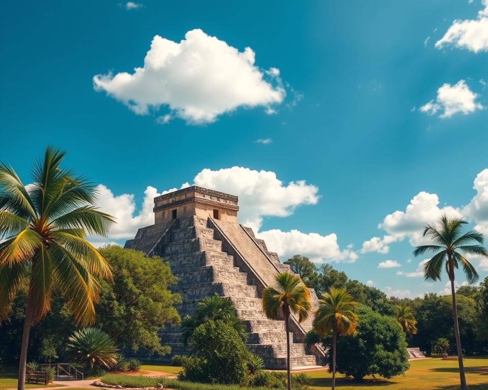 A breathtaking view of Chichen Itza, showcasing the iconic pyramid of El Castillo in the foreground, intricately detailed with its stepped architecture and stone carvings. In the middle ground, lush greenery surrounds the site, with palm trees swaying gently in a warm breeze. The sky is a vivid blue, dotted with a few fluffy, white clouds, bathing the scene in natural sunlight that casts soft shadows. A wide-angle perspective captures the grandeur of the ancient structure, highlighting its significance as a UNESCO World Heritage Site. The atmosphere is serene and awe-inspiring, inviting viewers to appreciate the historical and cultural richness of this world wonder. The image should be devoid of any people, enhancing the focus on the magnificent architecture and landscape.