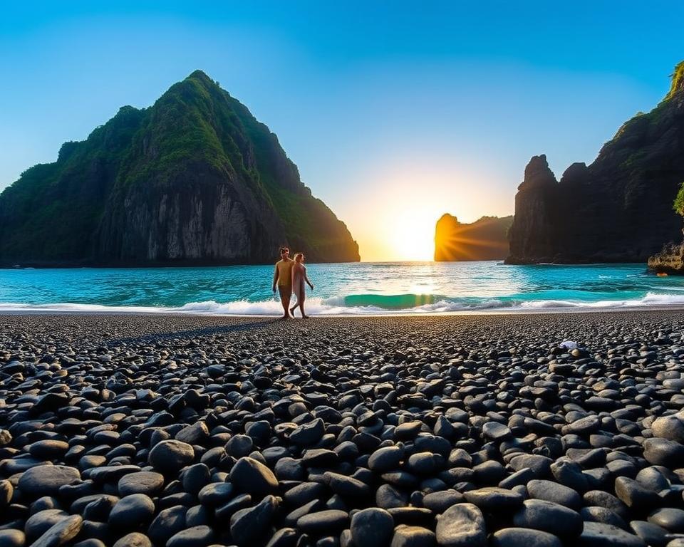 A breathtaking view of Diamond Beach on Nusa Penida, showcasing the striking contrast between the crystal-clear turquoise waters and the unique black sand. In the foreground, smooth pebbles glisten under the sunlight, creating a natural mosaic. A couple dressed in modest beach attire strolls along the shoreline, capturing the serenity of their experience. In the middle ground, towering cliffs draped with lush greenery rise dramatically against a clear blue sky. The background features gentle waves lapping at the shore, reflecting the warm golden hues of a setting sun, casting soft shadows and enhancing the tranquil atmosphere. The scene embodies a sense of adventure and peacefulness, inviting viewers to visualize their own wonderful memories at this stunning location.