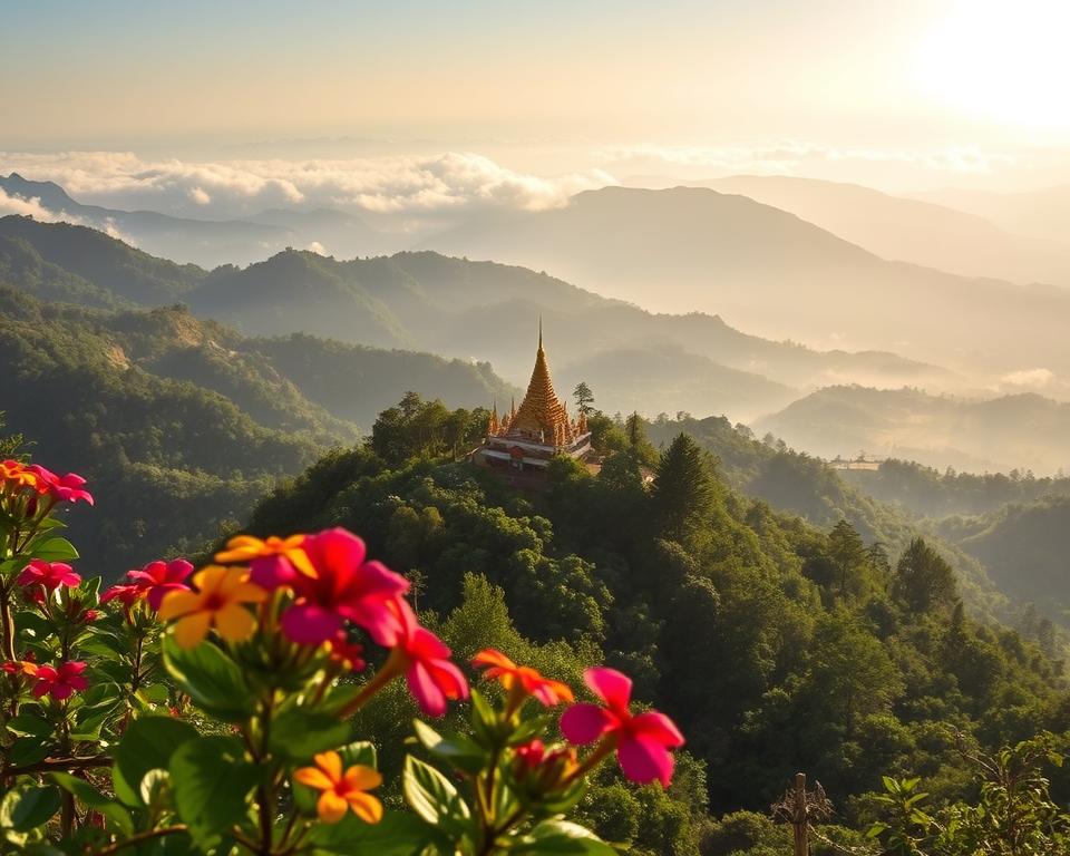 A breathtaking view of Doi Suthep National Park in Thailand, showcasing the lush, green mountains and dense forests blanketed in morning mist. In the foreground, vibrant tropical flowers bloom, adding splashes of color. The middle ground features the stunning Wat Phra That Doi Suthep temple perched on the mountainside, its golden stupa shimmering in the sunlight. The background reveals a panoramic view of rolling hills and valleys bathed in gentle sunlight, enhancing the serene atmosphere. The lighting is soft and warm, evoking a peaceful morning ambiance. Capture the scene from a slightly elevated angle to encompass both the temple and the natural beauty surrounding it, inviting viewers into this tranquil haven of spirituality and nature.