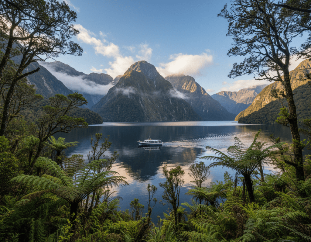 A breathtaking view of Doubtful Sound in New Zealand, showcasing its serene beauty. In the foreground, a vibrant green forest with lush ferns and towering trees, with a small tour boat gliding gently through the calm, reflective waters. In the middle ground, majestic mountain peaks rise dramatically, partially shrouded in mist, highlighting their rugged texture. The background features a clear blue sky with soft, fluffy clouds. The scene is bathed in soft, dappled sunlight, creating a tranquil atmosphere that invites exploration. The composition is framed from a slight low angle to accentuate the grandeur of the mountains while capturing the peacefulness of the sound.