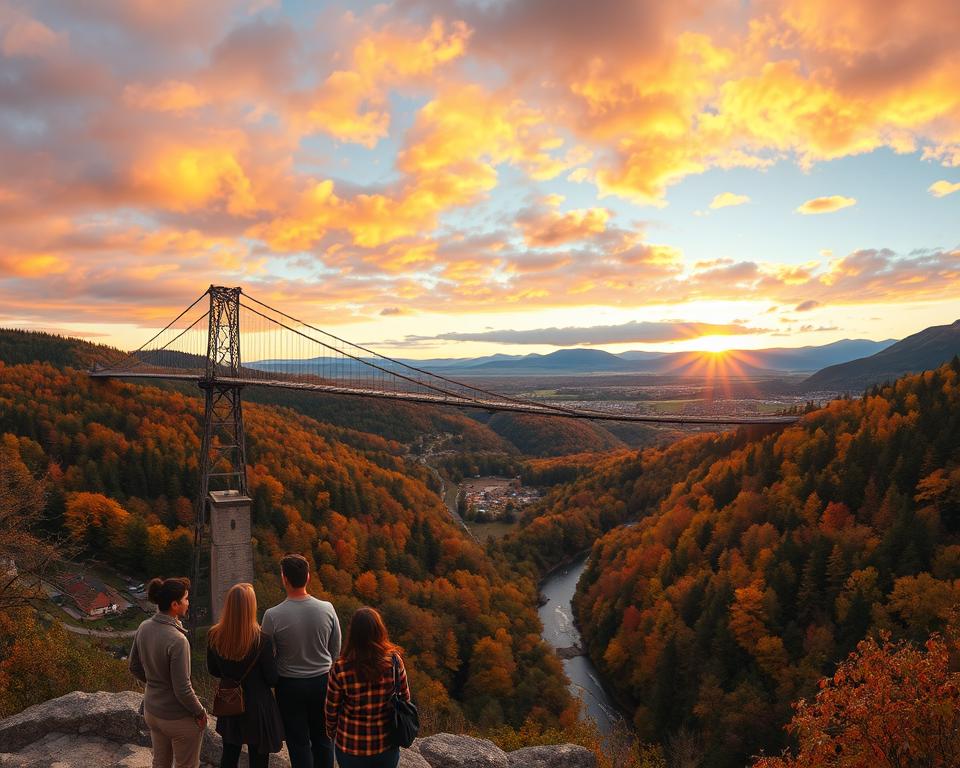 A breathtaking view of Geierlay Suspension Bridge during a vibrant autumn sunset, showcasing the bridge's intricate design, suspended above a lush valley. In the foreground, a group of visitors in modest casual clothing gazes at the stunning scenery, experiencing a sense of adventure and wonder. The middle ground features dense forests with colorful fall foliage and a winding river, while the background displays rolling hills and distant mountains under a dramatic sky filled with soft clouds illuminated by warm golden light. The scene conveys a peaceful yet exhilarating atmosphere, perfect for exploring nearby attractions in the Hunsrück region, captured with a wide-angle lens for a panoramic effect.