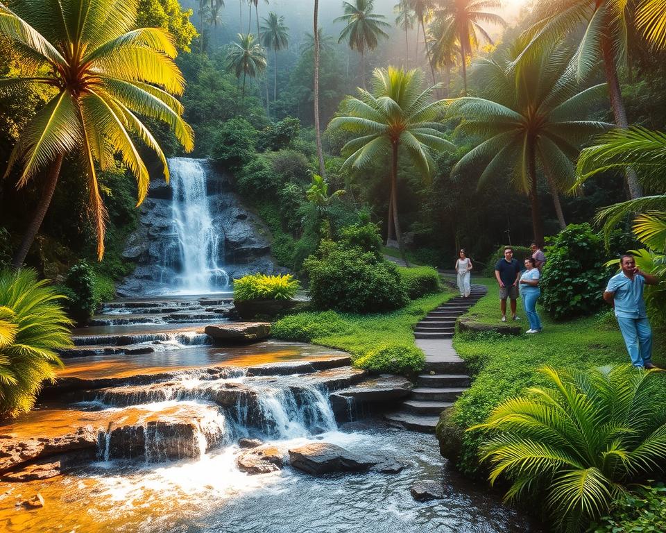 A breathtaking view of Gitgit Wasserfall in Bali, surrounded by lush green tropical foliage and towering palm trees. In the foreground, clear, sparkling water cascades over rocky steps, creating a refreshing mist that captures the sunlight. In the middle ground, a winding path lined with vibrant ferns leads visitors toward the waterfall, while a few people in modest, casual clothing explore the area, adding a sense of scale. In the background, dense jungle envelops the scene, with dappled sunlight breaking through the canopy, creating a serene and tranquil atmosphere. The image is illuminated with warm, golden hour lighting that enhances the rich colors of the landscape, shot from a slightly elevated angle to capture both the waterfall and the surrounding beauty. A breathtaking view of Gitgit Wasserfall in Bali, surrounded by lush green tropical foliage and towering palm trees. In the foreground, clear, sparkling water cascades over rocky steps, creating a refreshing mist that captures the sunlight. In the middle ground, a winding path lined with vibrant ferns leads visitors toward the waterfall, while a few people in modest, casual clothing explore the area, adding a sense of scale. In the background, dense jungle envelops the scene, with dappled sunlight breaking through the canopy, creating a serene and tranquil atmosphere. The image is illuminated with warm, golden hour lighting that enhances the rich colors of the landscape, shot from a slightly elevated angle to capture both the waterfall and the surrounding beauty.