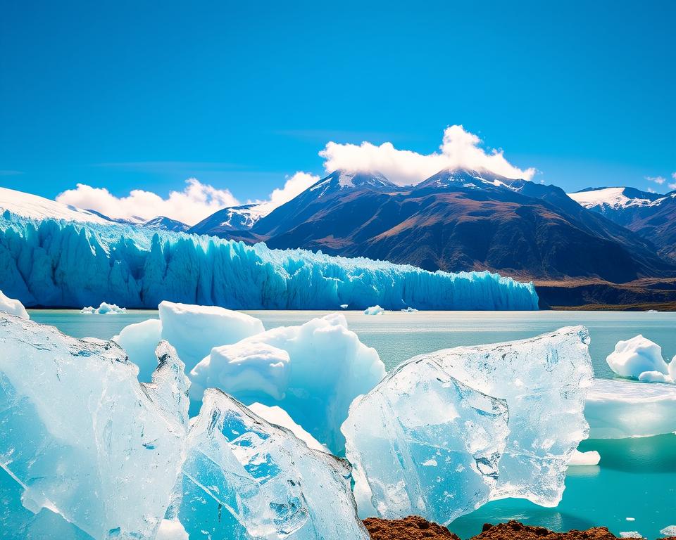 A breathtaking view of Glaciar Perito Moreno in Argentina, captured from a vantage point that showcases its massive ice formations in vivid detail. In the foreground, crystalline icebergs glisten under the bright afternoon sun, reflecting shades of blue and white, while a calm turquoise lake stretches out towards the glacier. In the middle ground, the imposing glacier wall rises dramatically, with deep crevasses and ridged textures that highlight its grandeur. The background features the rugged Andes mountains, partially shrouded in wispy clouds, set against a bright blue sky. The mood is serene yet awe-inspiring, evoking a sense of wonder at nature's beauty. The scene is lit warmly, as if it's the golden hour, inviting viewers into this stunning natural spectacle.