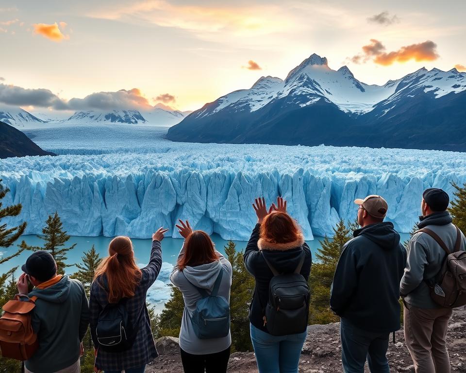 A breathtaking view of Glaciar Perito Moreno in Patagonia, showcasing sustainable travel practices. In the foreground, a diverse group of eco-conscious travelers, dressed in modest outdoor attire, is observing the massive glacier, pointing and taking notes to illustrate respect for nature. The middle ground features the stunning, deep blue ice of the glacier, with nuanced textures and reflections, surrounded by lush green forests. The background captures the jagged, snow-capped mountains under a vibrant sunset, casting warm golden light on the scene. Soft clouds drift across the sky, enhancing the tranquil mood. A wide-angle perspective with a slightly elevated viewpoint emphasizes the grandeur of the glacier while conveying a sense of responsibility towards nature.