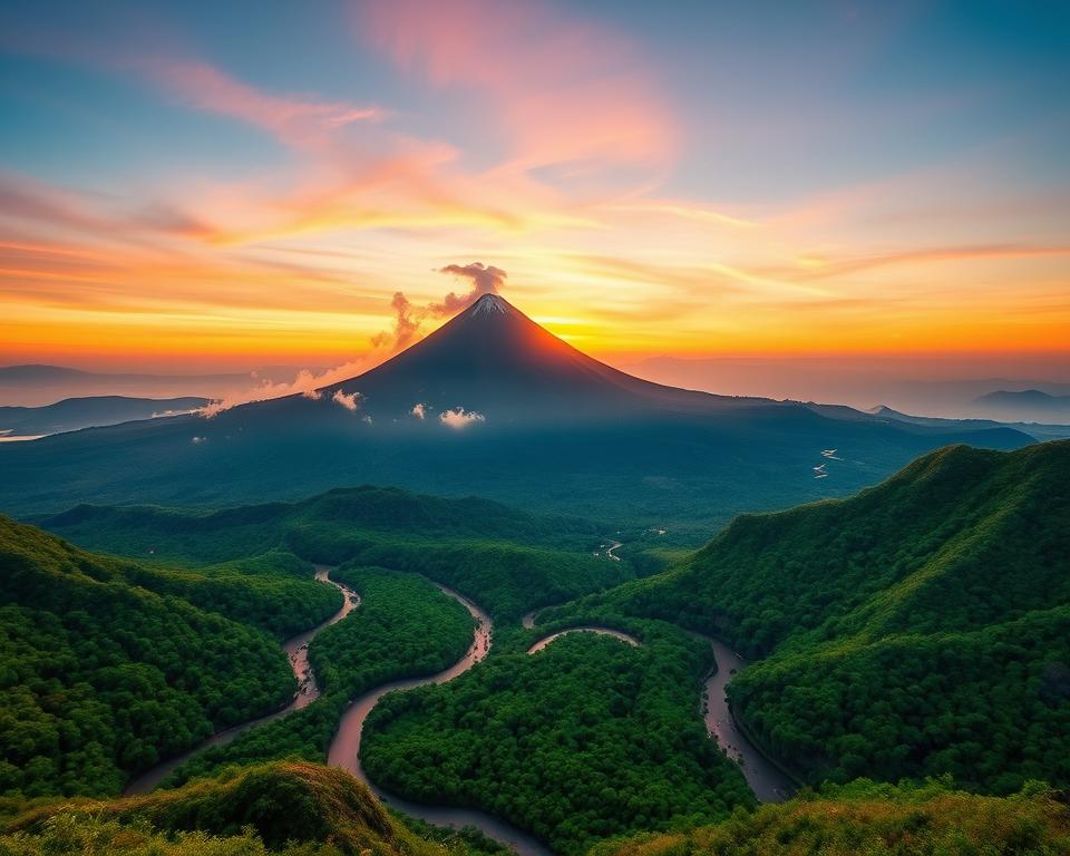 A breathtaking view of Gunung Merapi, Indonesia's most active volcano, surrounded by lush green forests and winding rivers in the foreground. The volcano towers majestically, its summit partially shrouded in wisps of steam and smoke, hinting at its volcanic activity. In the middle ground, a vibrant sunrise paints the sky in warm hues of orange and pink, casting a golden light on the rugged terrain. The background features distant mountains, adding depth to the landscape. The scene conveys a sense of awe and natural beauty, emphasizing the power of this active volcano. The image should be captured with a wide-angle lens to showcase the expansive landscape, creating a dramatic atmosphere filled with anticipation and wonder. A breathtaking view of Gunung Merapi, Indonesia's most active volcano, surrounded by lush green forests and winding rivers in the foreground. The volcano towers majestically, its summit partially shrouded in wisps of steam and smoke, hinting at its volcanic activity. In the middle ground, a vibrant sunrise paints the sky in warm hues of orange and pink, casting a golden light on the rugged terrain. The background features distant mountains, adding depth to the landscape. The scene conveys a sense of awe and natural beauty, emphasizing the power of this active volcano. The image should be captured with a wide-angle lens to showcase the expansive landscape, creating a dramatic atmosphere filled with anticipation and wonder.