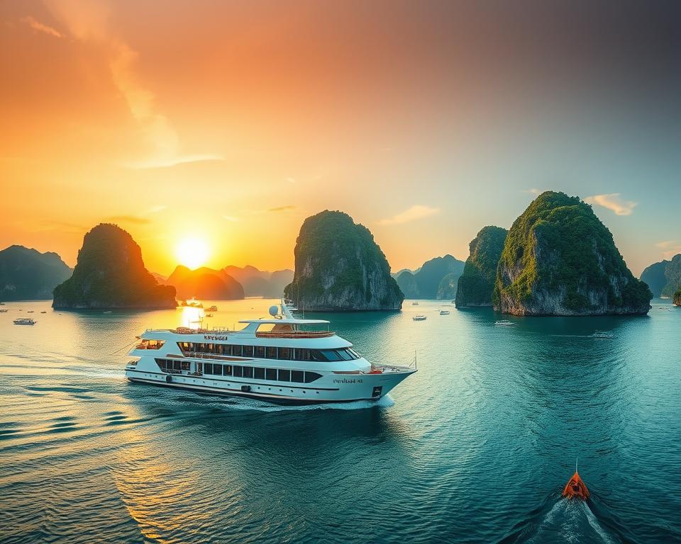 A breathtaking view of Halong Bay during a serene cruise. In the foreground, a luxurious, modern cruise ship gently glides through the emerald waters, dotted with small fishing boats. The middle ground showcases the iconic limestone karsts, rising dramatically from the sea, covered in lush green vegetation. In the background, the sun sets, casting a golden hue across the sky, creating a warm and tranquil atmosphere. Soft waves ripple around the ship, reflecting the vibrant colors of sunset. The scene captures the majesty and beauty of Halong Bay, inviting viewers to immerse themselves in the splendor of this natural wonder. The lighting is soft and warm, enhancing the peaceful ambiance. No people are visible, focusing solely on the beauty of the landscape.
