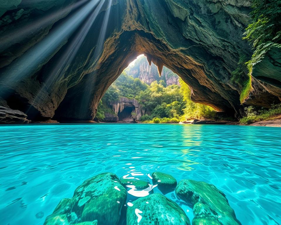 A breathtaking view of Hang En Cave in Vietnam, showcasing its vast entrance surrounded by lush rainforest. In the foreground, clear turquoise water reflects the cave's entrance, where soft beams of sunlight pierce through the rocky arch, illuminating the intricate textures of the cave walls. In the middle, the cave's massive stalactites hang from above, creating an awe-inspiring spectacle. The background reveals the dense jungle, with towering trees and vibrant greenery, adding to the sense of adventure. Capture the scene with a wide-angle lens to emphasize the scale and majesty of the landscape. The atmosphere is serene yet mysterious, inviting viewers to explore the beauty of Phong Nha-Ke Bang National Park.