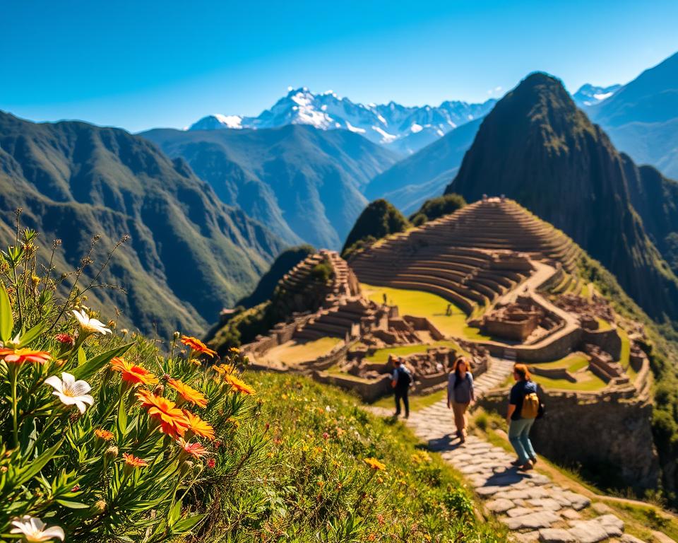 A breathtaking view of Heiliges Tal in Peru during a sunny day. In the foreground, lush greenery with vibrant wildflowers sways gently in the wind. The middle ground features the iconic terraced hillsides, showcasing ancient Incan agricultural practices, and a traditional stone path winding through the valley. In the background, majestic Andes mountains loom, their peaks capped with snow, under a clear blue sky. Soft, warm sunlight casts gentle shadows, creating a serene and inviting atmosphere. A few travelers dressed in modest casual clothing can be seen exploring the area, adding a sense of scale and adventure. The angle is slightly elevated, capturing the vastness of the landscape and the beauty of this extraordinary route. The scene evokes a sense of tranquility and wonder, perfect for a travel guide illustration.