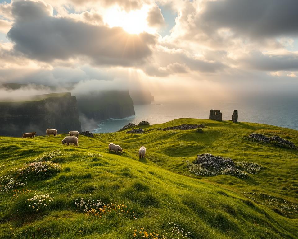 A breathtaking view of Ireland's diverse climate conditions, featuring rolling green hills in the foreground, dotted with wildflowers and occasional grazing sheep. The middle ground showcases soft mist enveloping the iconic cliffs and rugged coastline under a dynamic sky with both sun and rain, reflecting Ireland's unpredictable weather. In the background, ancient stone structures peep through the foliage, hinting at the rich history of the landscape. The lighting captures a magical golden hour glow, enhancing the lush greens and blues while casting gentle shadows on the terrain. The atmosphere is serene yet dynamic, evoking a sense of adventure and the promise of exploration during the best travel times in Ireland. The image should be composed with a wide-angle perspective, creating depth and inviting the viewer into the scene. A breathtaking view of Ireland's diverse climate conditions, featuring rolling green hills in the foreground, dotted with wildflowers and occasional grazing sheep. The middle ground showcases soft mist enveloping the iconic cliffs and rugged coastline under a dynamic sky with both sun and rain, reflecting Ireland's unpredictable weather. In the background, ancient stone structures peep through the foliage, hinting at the rich history of the landscape. The lighting captures a magical golden hour glow, enhancing the lush greens and blues while casting gentle shadows on the terrain. The atmosphere is serene yet dynamic, evoking a sense of adventure and the promise of exploration during the best travel times in Ireland. The image should be composed with a wide-angle perspective, creating depth and inviting the viewer into the scene.