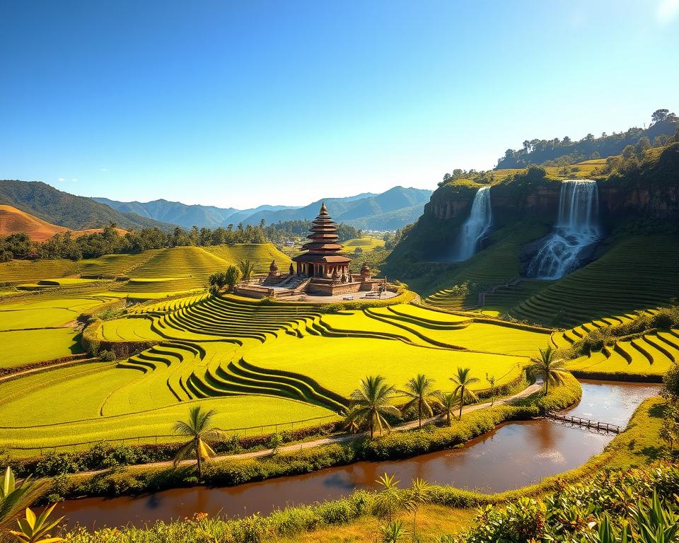 A breathtaking view of Jatiluwih, Bali, showcasing the lush rice terraces rolling in vibrant greens under a clear blue sky. In the foreground, a serene waterway reflects the vivid landscape, surrounded by local flora. Midground features the iconic Pura Luhur Batukaru temple, elegantly set among gently sloping hills, with traditional Balinese architecture adorned with intricate carvings. To the background, majestic waterfalls cascade down rocky cliffs, their waters glistening in the sunlight. The atmosphere is tranquil and inviting, with warm golden hour lighting enhancing the colors of the scenery. Capture this picturesque scene from a slightly elevated angle, providing a panoramic view that conveys the beauty and serenity of this UNESCO World Heritage Site.