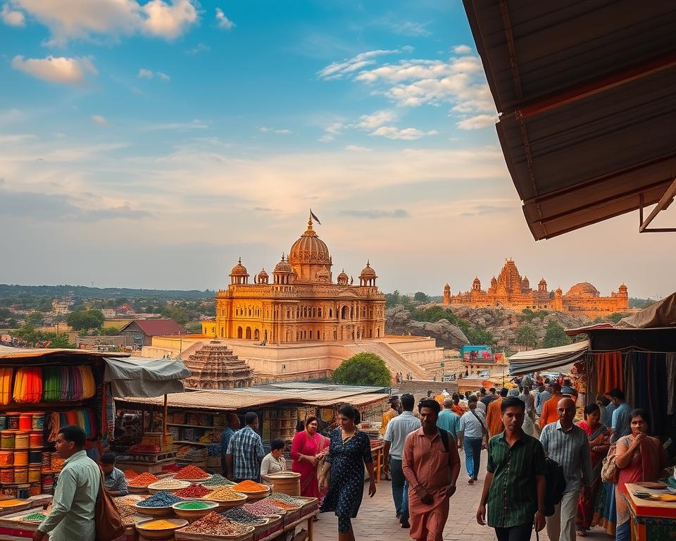 A breathtaking view of Karnataka, India, showcasing the vibrant culture and history of Bengaluru, Mysuru, and Hampi. In the foreground, feature a traditional Indian market scene in Bengaluru, with colorful stalls displaying spices and textiles, bustling with locals in modest casual clothing. In the middle ground, display the iconic Mysore Palace illuminated in warm golden light, reflecting a majestic architectural style. In the background, illustrate the ancient ruins of Hampi, with its striking boulders and heritage temples under a beautiful blue sky. Use soft, warm lighting to evoke a serene atmosphere, employing a wide-angle lens to capture the depth and details of this captivating region. The overall mood should be inviting and rich in cultural essence.