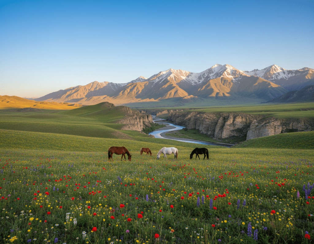 A breathtaking view of Kazakhstan's diverse landscapes featuring a vast steppe under a clear blue sky. In the foreground, rolling hills covered in wildflowers in vibrant colors, with a few grazing horses symbolizing the region's nomadic heritage. In the middle ground, a winding river meanders through the valley, flanked by rocky outcrops, creating a natural contrast. The background showcases majestic mountains, their peaks capped with snow, under the warm glow of a golden sunset, casting long shadows and highlighting the intricate textures of the terrain. The atmosphere is serene and expansive, inviting exploration and connection with nature. Capture the scene with a wide-angle lens to enhance the depth, using soft, natural lighting to evoke a peaceful mood.
