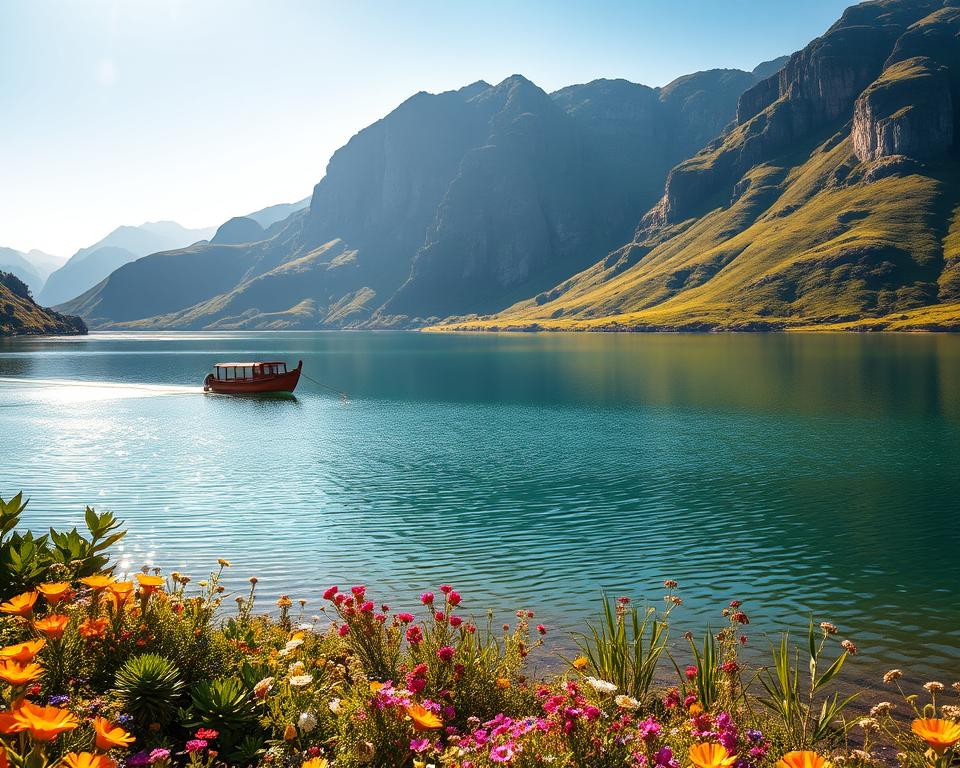 A breathtaking view of Komani Lake during the best travel season, showcasing its tranquil waters reflecting the surrounding lush green mountains under a bright blue sky. In the foreground, gentle ripples dance across the lake's surface, with colorful wildflowers lining the shore. The middle ground features a small, traditional Albanian boat gently floating, casting soft shadows on the water. The background reveals towering, rugged cliffs, partially shrouded in mist, bathed in the soft golden light of the late afternoon sun. The atmosphere is serene and inviting, perfect for photography, with vivid colors and a sense of calm. The scene is captured at a slight angle, emphasizing the lake's depth and the vibrant landscape.