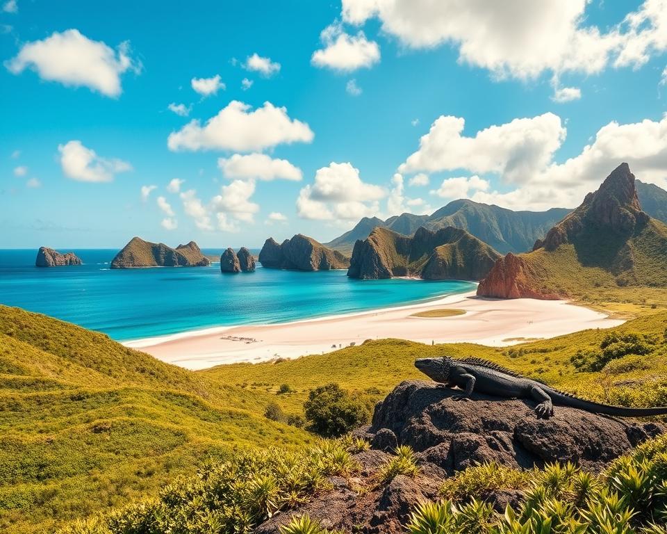A breathtaking view of Komodo National Park, showcasing its dramatic landscape. In the foreground, vibrant green hills covered with lush vegetation curve gently toward the viewer. A majestic Komodo dragon scuttles over a rocky outcrop, blending into the natural surroundings. The middle ground features the famous Pink Beach, with its unique soft pink sand and turquoise waters gently lapping at the shore. In the background, rugged cliffs rise dramatically against a bright blue sky dotted with fluffy white clouds. The scene is illuminated by warm, golden sunlight, creating a tranquil yet adventurous atmosphere. Capture this landscape from a slightly elevated angle to emphasize the expansive beauty of the islands, evoking the sense of exploration.