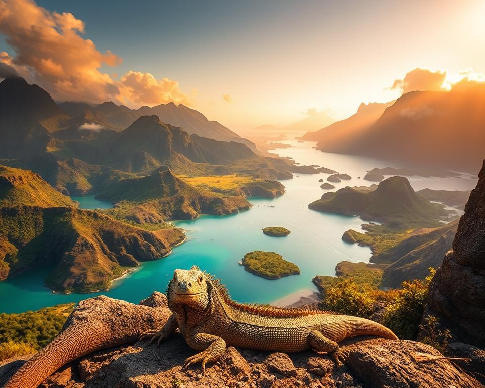 A breathtaking view of Komodo National Park, showcasing its unique landscapes and the famous Komodo dragons. In the foreground, a Komodo dragon rests on a rocky outcrop, its textured skin glistening with sunlight. The middle ground features lush green hills and rugged cliffs, leading down to a serene turquoise bay dotted with small islands. The background reveals towering volcanic mountains shrouded in mist, creating a mysterious atmosphere. The scene is illuminated by warm, golden light, suggesting either dawn or dusk, casting long shadows and adding a dramatic effect. Capture this vibrant natural environment from a slightly elevated angle to create depth and perspective, emphasizing the enchanting beauty of this UNESCO World Heritage site. A breathtaking view of Komodo National Park, showcasing its unique landscapes and the famous Komodo dragons. In the foreground, a Komodo dragon rests on a rocky outcrop, its textured skin glistening with sunlight. The middle ground features lush green hills and rugged cliffs, leading down to a serene turquoise bay dotted with small islands. The background reveals towering volcanic mountains shrouded in mist, creating a mysterious atmosphere. The scene is illuminated by warm, golden light, suggesting either dawn or dusk, casting long shadows and adding a dramatic effect. Capture this vibrant natural environment from a slightly elevated angle to create depth and perspective, emphasizing the enchanting beauty of this UNESCO World Heritage site.