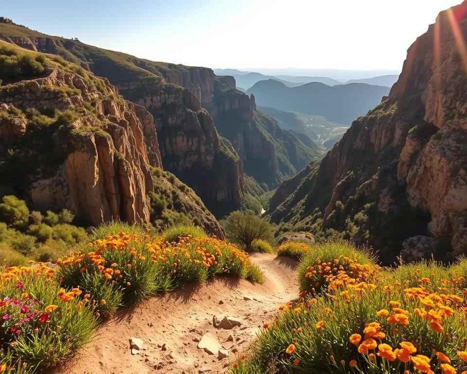 A breathtaking view of Kourtaliotiko Gorge in Crete during golden hour, showcasing the dramatic cliffs and lush greenery surrounding the gorge. In the foreground, a winding dirt path leads through vibrant wildflowers, inviting travelers to explore. The middle ground reveals the gorge's steep, rugged walls with sunlight filtering through, casting intricate shadows. In the background, the vast landscape unfolds with distant mountains and a clear blue sky, suggesting the journey from Rethymno, Chania, and Heraklion. The scene captures a serene and adventurous atmosphere, emphasizing the natural beauty and allure of the gorge. Use warm, soft lighting to enhance the tranquil mood, with a wide-angle view to encapsulate the grandeur of the landscape.