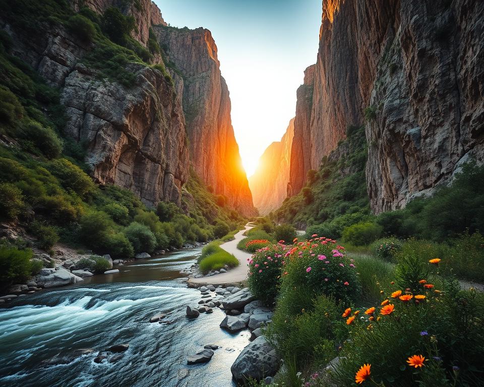 A breathtaking view of Kourtaliotiko Gorge in Crete during the golden hour, showcasing the dramatic cliffs and lush greenery on both sides of the gorge. In the foreground, a gently flowing river reflects the warm hues of the setting sun. The middle layer features a winding pathway leading into the gorge, framed by vibrant wildflowers. The background reveals towering limestone cliffs that rise steeply, their textures illuminated by the soft, diffused light. The atmosphere is serene and inviting, with a sense of adventure and tranquility. The image captures a wide-angle perspective, as if taken with a 24mm lens, enhancing the grandeur of the landscape without any people present, emphasizing the natural beauty of the gorge.