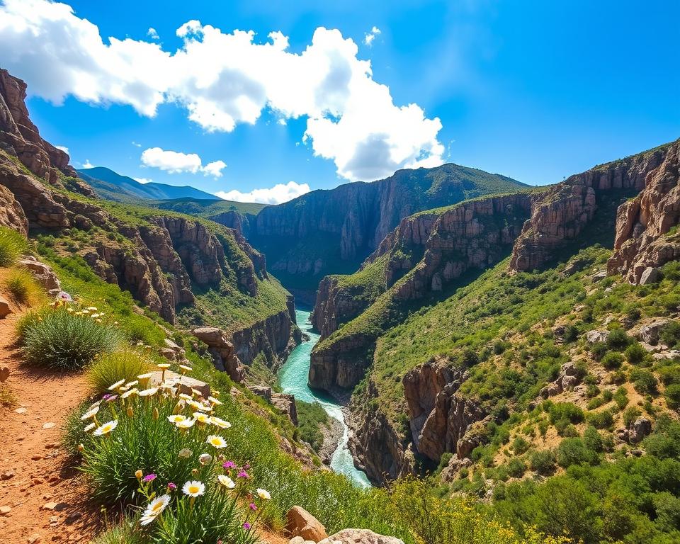 A breathtaking view of Kourtaliotiko Gorge in Crete, showcasing its dramatic cliffs and lush greenery. In the foreground, wildflowers bloom along the rugged pathway, leading the eye deeper into the gorge. The middle ground features the steep, towering rock formations, with a stream flowing gracefully through the canyon, reflecting the midday sunlight. In the background, a vibrant blue sky is partially covered by fluffy white clouds, creating a serene atmosphere. The scene captures the majestic beauty of the gorge with a sense of adventure and tranquility. A slight angle from above allows for a sweeping view, emphasizing the depth and grandeur of the landscape, bathed in warm, natural light.