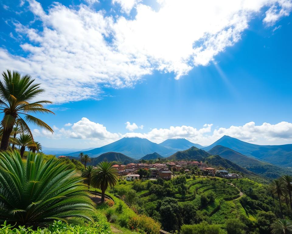 A breathtaking view of La Palma, the "green island" of the Canary Islands, showcasing its vibrant landscape. In the foreground, lush green terraces with unique Canary Island palm trees create a rich texture. The middle ground features a quaint village with traditional stone houses, surrounded by flourishing gardens and colorful flowers. In the background, majestic volcanic mountains rise under a bright blue sky dotted with soft, white clouds. Gentle sunlight filters through the clouds, casting a warm and inviting glow over the landscape. The scene evokes a tranquil and serene atmosphere, highlighting the island's natural beauty and lush vegetative cover. Use a wide-angle lens for an expansive perspective, capturing the harmonious blend of natural elements and local architecture. The lighting should suggest early afternoon for optimal visibility.