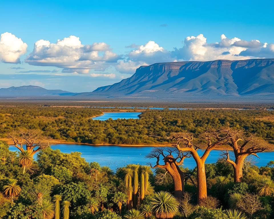 A breathtaking view of Lake Manyara in Tanzania, showcasing the stunning landscape filled with lush greenery and iconic baobab trees in the foreground. In the middle ground, the serene lake reflects the clear blue sky dotted with fluffy white clouds, while small flocks of birds gracefully skim the water’s surface. In the background, the rugged Great Rift Valley escarpment rises majestically, with layers of vibrant colors from the sunset casting a warm glow over the scene. The mood is tranquil and inviting, captured in soft golden hour lighting to enhance the natural beauty of the region. The perspective is from a slightly elevated vantage point, providing a panoramic view of this striking scenery, evoking a sense of peace and adventure in the heart of Tanzania's wilderness.