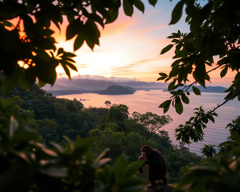 A breathtaking view of Lake Tanganyika at sunrise in western Tanzania, showcasing the vibrant colors of the sky transitioning from warm oranges to soft pinks. In the foreground, lush green foliage frames the scene, while a family of playful chimpanzees can be seen amidst the dense rainforest, symbolizing the unique wildlife of the area. The middle ground features the serene blue waters of the lake, glistening under the early morning light, with gentle waves lapping at the shore. In the background, mist-covered mountains rise majestically, enveloped in a serene atmosphere. The composition captures the tranquility and biodiversity of the region, with a sense of adventure and natural beauty, taken from a low-angle perspective to emphasize the grandeur of the landscape.