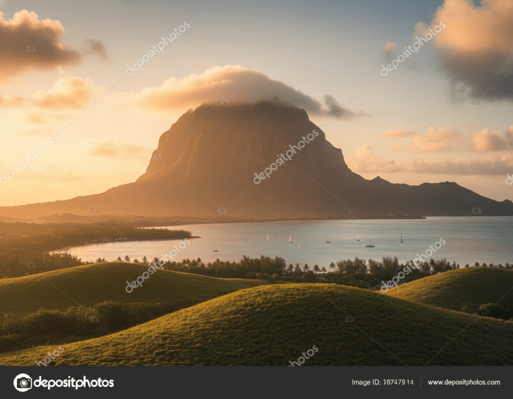 A breathtaking view of Le Morne Brabant, a UNESCO World Heritage site on Mauritius, captured during the golden hour. In the foreground, lush, green rolling hills lead to the majestic cliff of Le Morne Brabant, showcasing its dramatic shapes and textures. Soft, warm sunlight bathes the scene, creating a serene atmosphere. The middle ground features a tranquil turquoise lagoon, reflecting the vibrant colors of the sky above, dotted with a few small sailboats. In the background, the stunning outline of the mountain rises into the sky, partially shrouded in gentle clouds. The overall mood is peaceful and inviting, enticing travelers to explore this natural wonder. Capture this scene from a slightly elevated angle to emphasize the depth and beauty of the landscape. Focus on vibrant, rich colors and soft, diffused lighting that enhances the majestic features of the area.