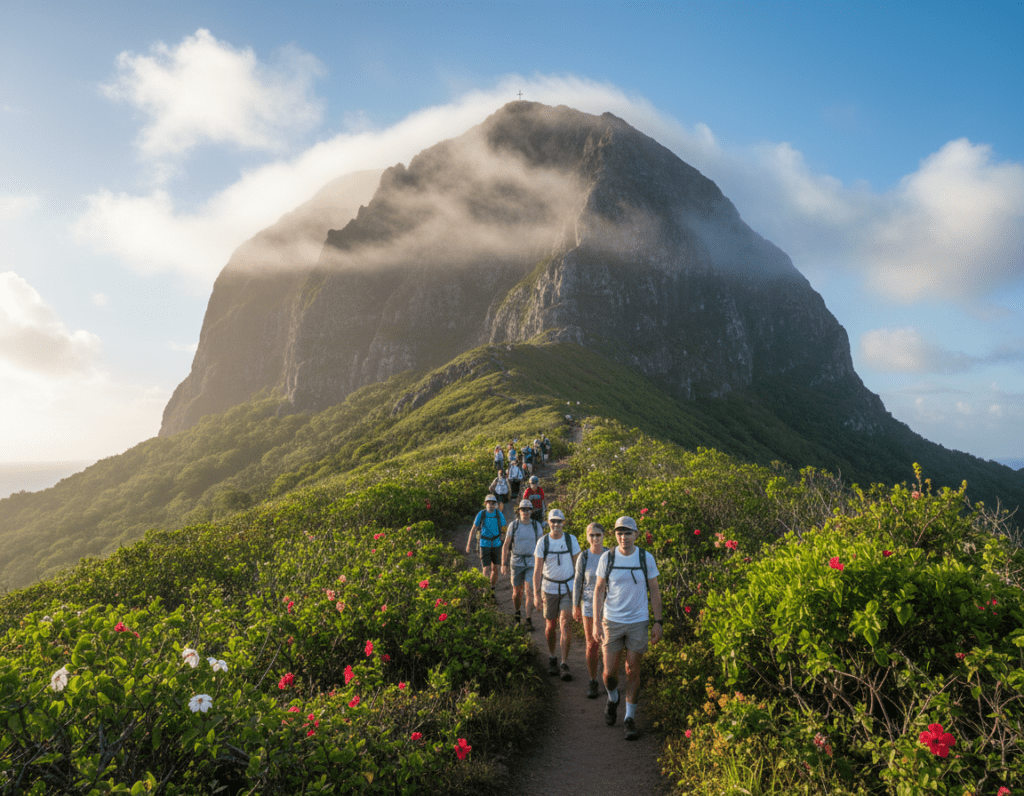 A breathtaking view of Le Morne Brabant, showcasing the hiking trail leading up to the summit cross. In the foreground, a winding path through lush green vegetation with vibrant tropical flowers on either side, inviting hikers. In the middle ground, a diverse group of hikers in modest casual clothing, actively trekking along the trail, displaying determination and camaraderie. The background features the majestic, rocky peak of Le Morne Brabant, partially shrouded in mist under a bright blue sky with scattered clouds, evoking a sense of adventure and tranquility. The lighting is warm and inviting, creating soft shadows that enhance the textures of the landscape. This scene captures the essence of exploration and natural beauty on Mauritius.