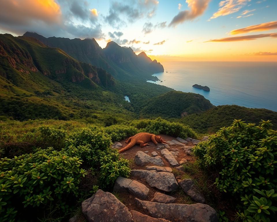 A breathtaking view of Loh Liang in Komodo National Park during golden hour, showcasing the lush green hills and rugged landscapes, highlighted by the warm glow of the setting sun. In the foreground, a rocky path leads through dense vegetation, inviting exploration. The middle ground features iconic Komodo dragons basking on the ground, blending seamlessly with their natural habitat. Towering cliffs loom in the background, with patches of dense forest interspersed and the vibrant blue ocean glistening in the distance under a pastel sky. The mood is serene and awe-inspiring, evoking a sense of adventure and the rich history of this unique national park. Use a wide-angle lens to capture the grandeur and depth of the scene, with soft, diffused lighting enhancing the tranquil atmosphere. A breathtaking view of Loh Liang in Komodo National Park during golden hour, showcasing the lush green hills and rugged landscapes, highlighted by the warm glow of the setting sun. In the foreground, a rocky path leads through dense vegetation, inviting exploration. The middle ground features iconic Komodo dragons basking on the ground, blending seamlessly with their natural habitat. Towering cliffs loom in the background, with patches of dense forest interspersed and the vibrant blue ocean glistening in the distance under a pastel sky. The mood is serene and awe-inspiring, evoking a sense of adventure and the rich history of this unique national park. Use a wide-angle lens to capture the grandeur and depth of the scene, with soft, diffused lighting enhancing the tranquil atmosphere.