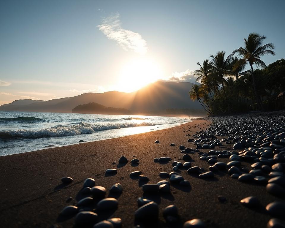 A breathtaking view of Lovina, Indonesia, showcasing its natural wonders. In the foreground, a serene black sand beach lined with smooth pebbles glistening under the early morning sun. The middle ground features gentle waves lapping at the shore, framed by lush, green palm trees swaying softly in the breeze. In the background, majestic volcanic mountains rise against a clear sky, with wisps of clouds accentuating their peaks. The scene is illuminated by the warm, golden light of sunrise, casting soft shadows and creating a tranquil, inviting atmosphere. A sense of peace and natural beauty prevails, inviting viewers to explore this hidden gem of nature. Angle the perspective slightly to capture both the beach and mountains in a harmonious composition.