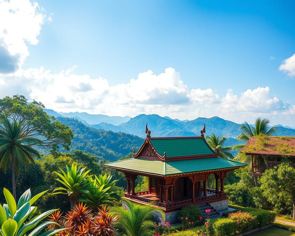 A breathtaking view of Mahsuri's Mausoleum set against a lush tropical landscape in Pulau Langkawi. In the foreground, the mausoleum is intricately designed with traditional Malay architecture, featuring ornate wooden carvings and a vibrant green roof. Surrounding the mausoleum, lush foliage, including tropical plants and flowering trees, adds vivid color and life to the scene. In the middle ground, gentle hills rise, hinting at Langkawi's natural beauty, with soft sunlight filtering through the trees, casting dappled shadows. The background showcases a serene blue sky with fluffy white clouds, enhancing the tranquil atmosphere. The overall mood is one of peace and reverence, inviting viewers to explore this cultural landmark. The image should convey a sense of history and beauty, captured in warm, inviting daylight.