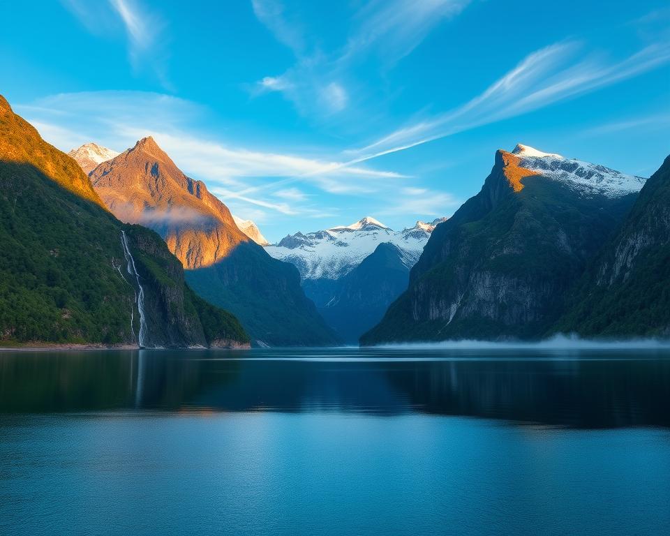 A breathtaking view of Milford Sound in New Zealand, showcasing dramatic fjord landscapes. In the foreground, smooth water reflects the towering cliffs on either side, dotted with lush greenery and cascading waterfalls. The middle ground features rugged rock formations with rich textures and vibrant moss. The background reveals majestic snow-capped mountains under a clear blue sky, with wispy clouds adding depth. The lighting is soft and warm, suggesting late afternoon, enhancing the tranquil atmosphere. A slight mist rises from the water, infusing the scenery with a sense of mystique. The angle captures the vastness of the landscape, inviting viewers to immerse themselves in the natural beauty of this iconic destination.