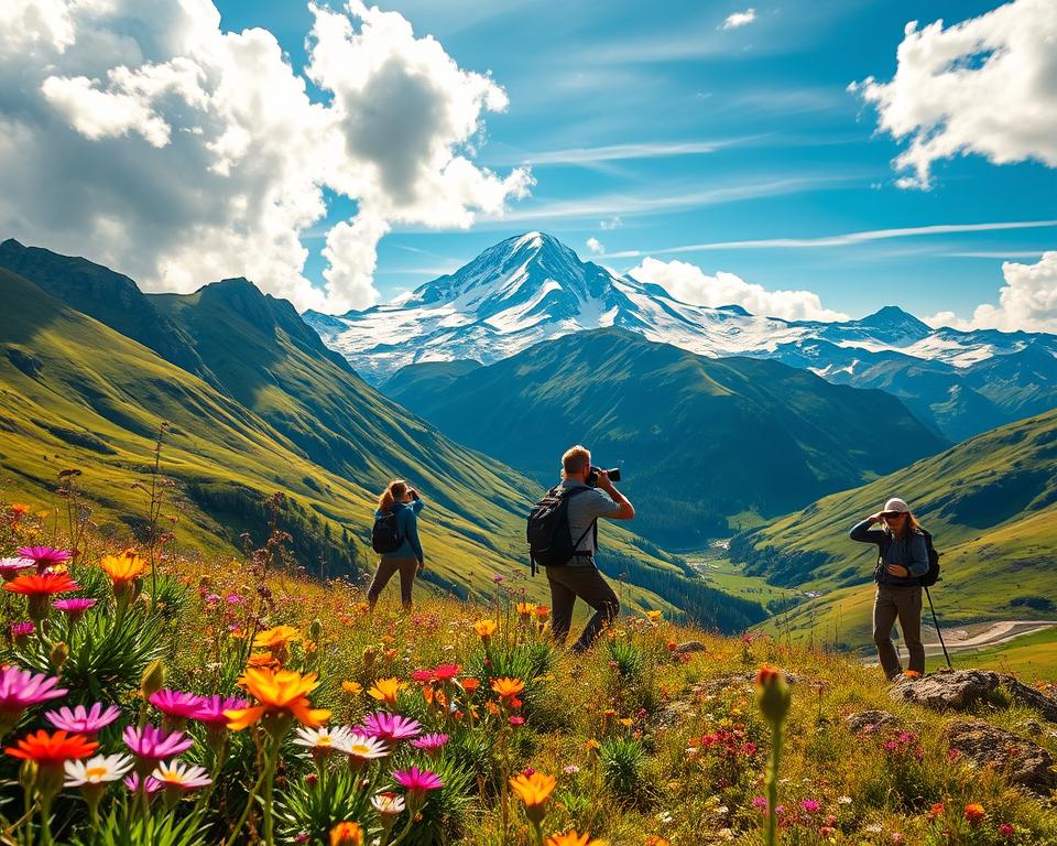 A breathtaking view of Mont Blanc, surrounded by lush green valleys and majestic snow-capped peaks, showcasing stunning panoramic landscapes. In the foreground, colorful wildflowers bloom, inviting viewers to experience the vibrant alpine beauty. The middle ground features hikers in modest casual clothing capturing the scenery with cameras, illustrating the adventure and exploration aspect. The background reveals the towering Mont Blanc peak under a bright blue sky, with dramatic clouds adding depth. Soft, golden sunlight bathes the scene, creating an inviting atmosphere and highlighting the textures of the mountains. The overall mood is serene yet exhilarating, perfect for showcasing the highlights and photo spots of the Tour du Mont Blanc. The composition should evoke a sense of awe and adventure, with a focus on nature’s grandeur.