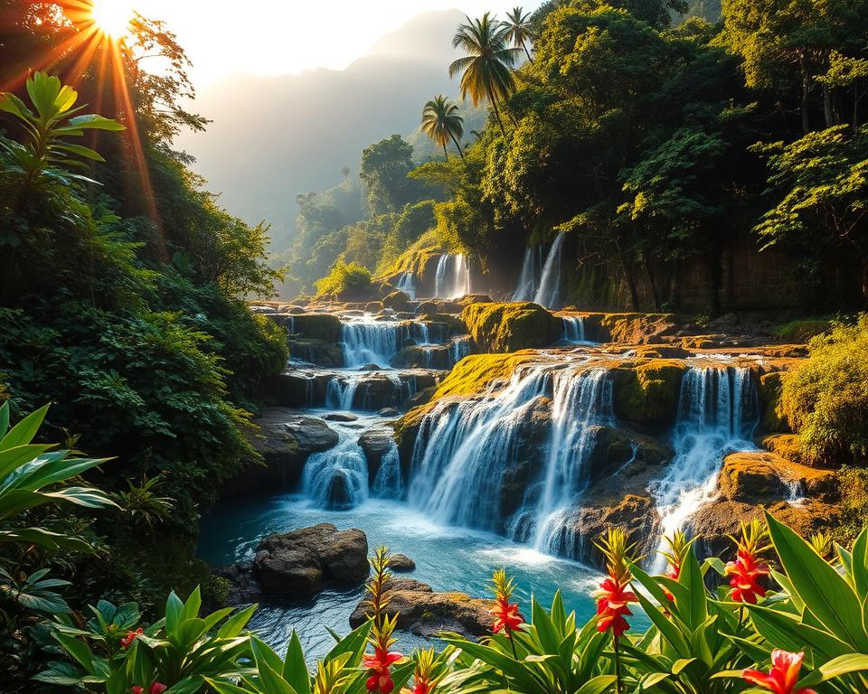 A breathtaking view of Montezuma Waterfalls in Costa Rica, showcasing the cascading water spilling over lush, moss-covered rocks. In the foreground, vibrant tropical foliage frames the scene, with colorful flowers adding pops of color. The middle ground features multiple tiers of the waterfall, glimmering under soft, dappled sunlight filtering through the dense canopy above. In the background, majestic mountains rise, shrouded in mist, enhancing the sense of tranquility and seclusion. Capture this picturesque scene using a wide-angle lens to emphasize the scale and grandeur of the waterfalls, while using warm, golden-hour lighting to create a serene and inviting atmosphere. No people are present in the image, allowing nature's beauty to take center stage.