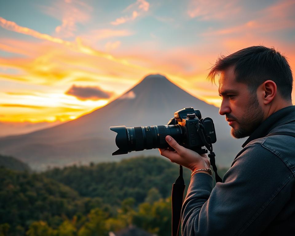 A breathtaking view of Mount Agung, Bali, during golden hour, showcasing the majestic volcano rising in the background with lush green forests at its base. In the foreground, a skilled photographer in professional attire, capturing the scene with a high-end DSLR camera fitted with a wide-angle lens. The photographer's focused expression and steady stance reflect passion and dedication to landscape photography. The sky is painted with vibrant hues of orange and pink as the sun sets, casting a warm glow on the mountains. Wispy clouds hover above the peak, enhancing the dramatic atmosphere. The composition should evoke a sense of tranquility and awe, with an emphasis on capturing nature's beauty. The image should be clear, with crisp details and a slight depth of field, highlighting both the photographer's activity and the stunning landscape of Mount Agung.