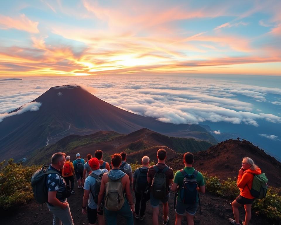A breathtaking view of Mount Agung during a sunrise ascent, showcasing the majestic volcano's unique silhouette against the vibrant sky painted in hues of orange and pink. In the foreground, a diverse group of hikers in modest, casual clothing with backpacks pauses to take in the stunning landscape. The middle ground features rugged volcanic terrain with patches of green vegetation, leading up to the mountain’s summit, partially shrouded in mist. In the background, the expansive Bali jungle sprawls beneath a blanket of clouds, with distant vistas of the coastline peeking through. The lighting is soft and ethereal, casting a warm glow over the scene, evoking a sense of adventure and tranquility, captured with a wide-angle lens to emphasize depth and scale.