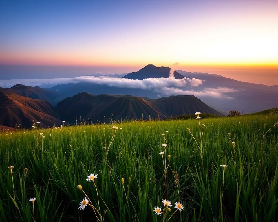 A breathtaking view of Mount Bromo, Indonesia, at dawn. In the foreground, a field of lush green grass dotted with delicate wildflowers swaying gently in the early morning breeze. The middle ground showcases the iconic, smoldering volcano, its crater slightly obscured by wispy white steam rising against the backdrop. Surrounding Bromo, the rugged Tengger massif, with its dramatic ridges and shades of earthy browns and greens, adds depth to the landscape. In the background, a soft pastel sky transitions from deep indigo to warm orange as the sun rises, casting a gentle glow over the scene. The overall atmosphere is serene yet awe-inspiring, evoking a sense of wonder and the raw beauty of nature. Shot from a slightly elevated angle, with a focus on capturing the vastness of the landscapes. A breathtaking view of Mount Bromo, Indonesia, at dawn. In the foreground, a field of lush green grass dotted with delicate wildflowers swaying gently in the early morning breeze. The middle ground showcases the iconic, smoldering volcano, its crater slightly obscured by wispy white steam rising against the backdrop. Surrounding Bromo, the rugged Tengger massif, with its dramatic ridges and shades of earthy browns and greens, adds depth to the landscape. In the background, a soft pastel sky transitions from deep indigo to warm orange as the sun rises, casting a gentle glow over the scene. The overall atmosphere is serene yet awe-inspiring, evoking a sense of wonder and the raw beauty of nature. Shot from a slightly elevated angle, with a focus on capturing the vastness of the landscapes.