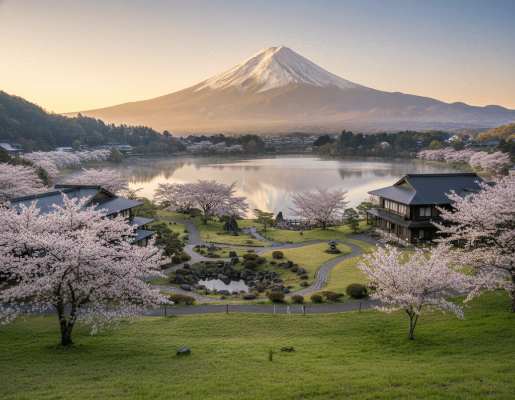A breathtaking view of Mount Fuji during sunrise, its iconic snow-capped peak bathed in warm golden light. In the foreground, lush green landscapes with vibrant cherry blossom trees in full bloom, adding a touch of pink to the scene. In the middle ground, traditional Japanese onsen wooden structures nestled among serene gardens, inviting visitors to relax. The background features tranquil lakes reflecting the majestic mountain and the colorful flora. The atmosphere is tranquil and peaceful, evoking a sense of serenity. Capture the image from a slightly elevated angle, using a wide lens to include both the mountain and the lush surroundings. Ideal soft morning light enhances the beauty of the landscape, creating a harmonious and dreamlike quality.