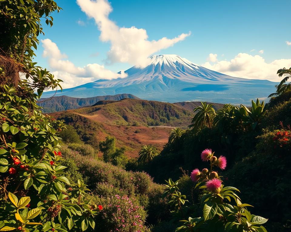 A breathtaking view of Mount Kilimanjaro showcasing its diverse vegetation zones. In the foreground, a lush tropical rainforest teeming with dense foliage, vines, and vibrant flowers. Transitioning to the middle ground, the landscape shifts to a moorland filled with unique plants like giant heathers and lobelias, set against rocky slopes. The background reveals the iconic snowy summit of Kilimanjaro, glistening under a bright blue sky, with soft clouds casting gentle shadows. The scene is illuminated by warm, natural sunlight, creating a vibrant and inviting atmosphere. The perspective is slightly elevated, allowing for a panoramic view of the region's ecological richness, emphasizing the contrast between the lush lower elevations and the stark, icy peak.