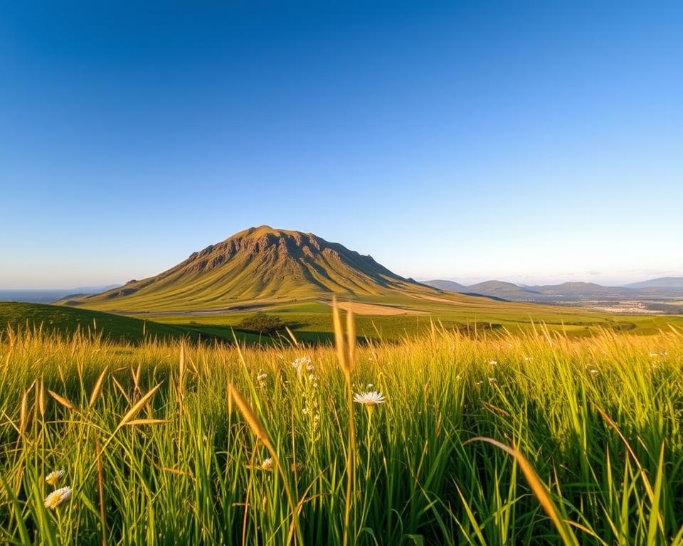 A breathtaking view of Mount Sunday, known as Edoras from "The Lord of the Rings," depicted in the heart of Canterbury. In the foreground, lush green grasses sway gently, dotted with wildflowers under a bright blue sky. The middle ground features the striking silhouette of Mount Sunday, its rugged terrain contrasts beautifully against the soft hues of the fields. The distant background showcases distant rolling hills, creating a serene and majestic landscape. The scene is illuminated by soft, golden hour sunlight, casting warm tones over the lush scenery, enhancing the nostalgic and ethereal atmosphere of Rohan. The camera angle is slightly elevated to capture the grandeur of the mountain while emphasizing the idyllic setting. No captions or text overlays are present in the image.