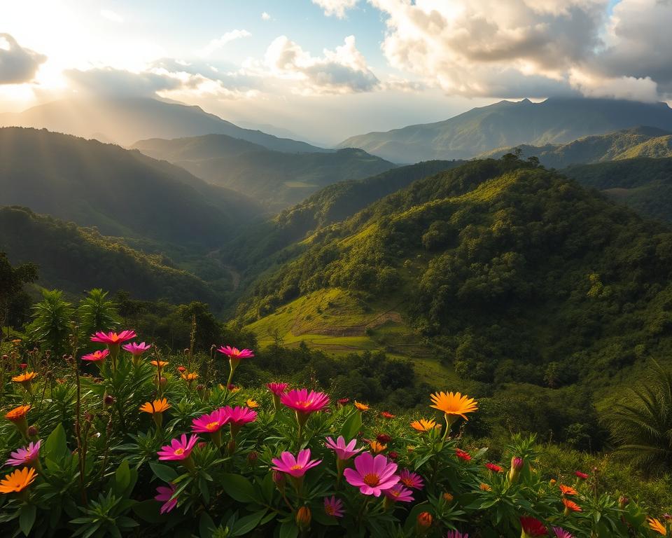 A breathtaking view of Natur Nagaland, showcasing the lush green mountains and dense forests. In the foreground, vibrant wildflowers bloom, their colors contrasting with the deep greens of the foliage. The middle ground features rolling hills and winding paths that invite exploration, leading the eye towards distant peaks shrouded in mist. The background reveals towering mountains illuminated by soft, golden sunlight filtering through scattered clouds, creating a serene and tranquil atmosphere. The angle captures a panoramic perspective, enhancing the feeling of depth and grandeur. The overall mood is peaceful and reflective, inviting viewers to immerse themselves in the natural beauty of Nagaland's landscape.