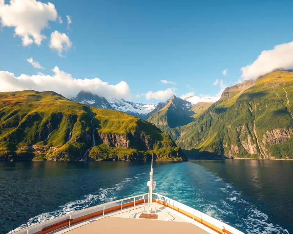 A breathtaking view of Norway's most stunning fjords, captured from the deck of a cruise ship, with the foreground featuring the ship gently cutting through calm, pristine waters. In the midground, striking green cliffs rise dramatically, dotted with patches of vibrant wildflowers and cascading waterfalls that flow down into the fjord. The background boasts towering snow-capped mountains under a clear blue sky, with soft, fluffy clouds casting gentle shadows. The scene is illuminated by the warm, golden light of a late afternoon sun, creating a serene and inviting atmosphere. The composition should be framed from a slightly elevated angle to emphasize the depth of the fjord landscape. A breathtaking view of Norway's most stunning fjords, captured from the deck of a cruise ship, with the foreground featuring the ship gently cutting through calm, pristine waters. In the midground, striking green cliffs rise dramatically, dotted with patches of vibrant wildflowers and cascading waterfalls that flow down into the fjord. The background boasts towering snow-capped mountains under a clear blue sky, with soft, fluffy clouds casting gentle shadows. The scene is illuminated by the warm, golden light of a late afternoon sun, creating a serene and inviting atmosphere. The composition should be framed from a slightly elevated angle to emphasize the depth of the fjord landscape.