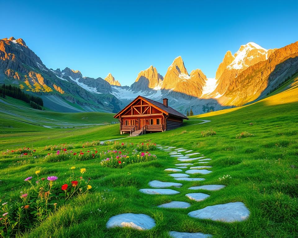 A breathtaking view of Olpererhütte nestled among majestic snow-capped mountains in the Tirol region, showcasing vibrant green alpine meadows illuminated by the warm golden light of a late afternoon sun. In the foreground, colorful wildflowers and smooth stones create an inviting path leading to the hut. The middle ground features the rustic architecture of Olpererhütte, with wooden beams and a welcoming exterior, surrounded by a healthy expanse of verdant grass. In the background, towering mountain peaks rise sharply against a clear blue sky, casting soft shadows on the landscape. The atmosphere is serene and inviting, capturing the essence of the best travel time for hiking in this picturesque part of Austria. The image is captured with a wide-angle lens, enhancing the grandeur of the scenery while ensuring all elements harmoniously blend together.