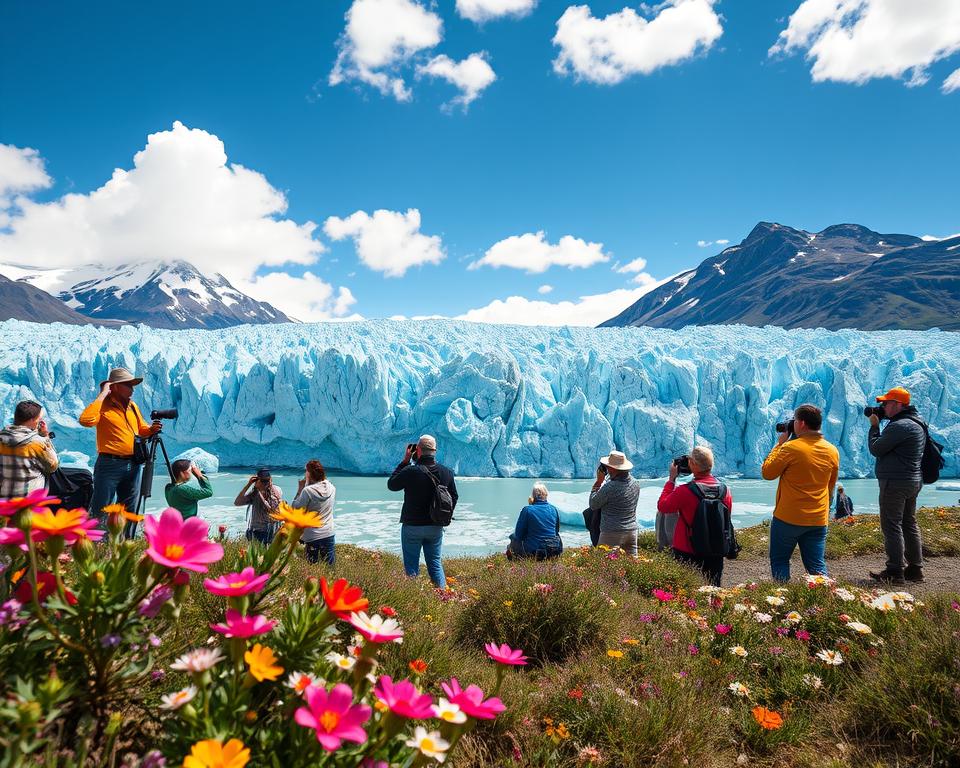 A breathtaking view of Perito Moreno Glacier in Argentinian Patagonia, showcasing the stunning blue ice formations and intricate textures. In the foreground, vibrant wildflowers bloom against the icy backdrop, adding a pop of color. The middle ground features photographers with professional camera gear, capturing the glacier from various angles, immersed in their work, dressed in modest outdoor attire. Towering mountains surround the glacier in the background, under a bright blue sky dotted with fluffy white clouds. The scene is illuminated by soft, natural lighting, highlighting the serene yet majestic atmosphere of this stunning natural wonder. The composition should evoke a sense of adventure and tranquility, perfect for photography enthusiasts.