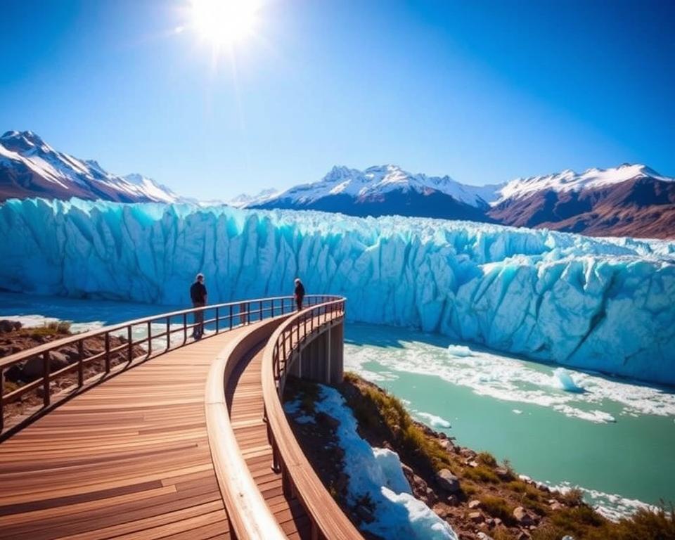 A breathtaking view of Perito Moreno Glacier, showcasing its stunning blue ice formations. In the foreground, an elegant wooden walkway curves gracefully, allowing visitors to appreciate the glacier from multiple perspectives. In the middle ground, the massive ice wall towers with a majestic presence, reflecting sunlight in a brilliant array of blues and whites. The background features snow-capped mountains under a clear blue sky, enhancing the natural beauty of the scene. Soft, warm sunlight bathes the landscape, creating a serene and inviting atmosphere. Capture the essence of tranquility and awe of this natural wonder, using a wide-angle lens to emphasize depth while ensuring the image remains focused and clear. No people visible, only the stunning beauty of nature.