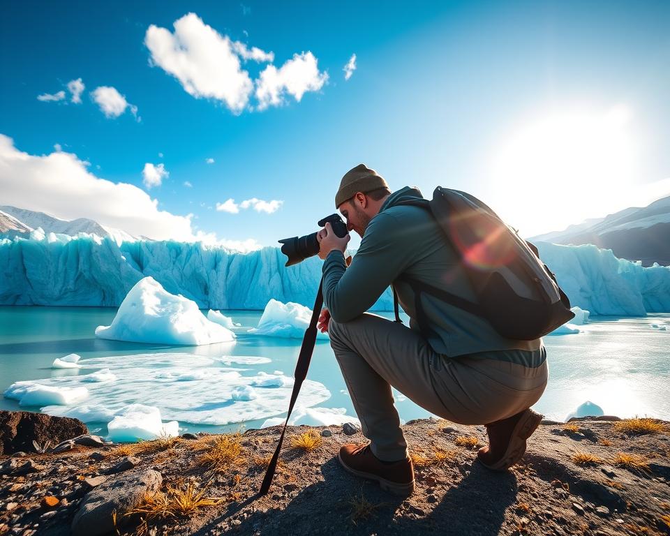 A breathtaking view of Perito Moreno Glacier, showcasing the dramatic ice formations and vibrant turquoise waters. In the foreground, a photographer with professional gear crouches to capture the scene, dressed in modest outdoor attire. The middle ground features intricate icebergs floating in the glacial lake, reflecting the sunlight. The background displays the massive glacier extending into the horizon, with sun rays illuminating its stunning blue hues. Soft, fluffy clouds drift across a bright, blue sky, enhancing the serene atmosphere. The composition is framed from a low angle to emphasize the grandeur of the glacier, creating a feeling of awe and adventure. The image captures a sense of exploration and admiration for nature's beauty, perfect for photography enthusiasts.