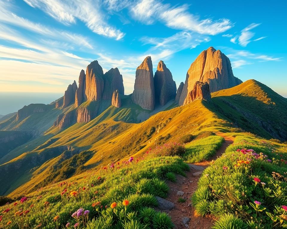 A breathtaking view of Pico do Arieiro during the best travel season, capturing the essence of Madeira's stunning landscape. In the foreground, a lush green mountain path winds through vibrant wildflowers, inviting hikers to explore. The middle ground features towering granite peaks bathed in soft, golden sunlight, showcasing the dramatic cliffs and unique rock formations. In the background, a clear blue sky with wispy clouds offers a serene atmosphere, enhancing the beauty of the scene. The lighting is warm and inviting, suggesting early morning or late afternoon. The overall mood is peaceful and inspiring, perfect for hiking enthusiasts seeking adventure in this picturesque location. The image should be devoid of any text or markings, focusing solely on the natural beauty of Pico do Arieiro.