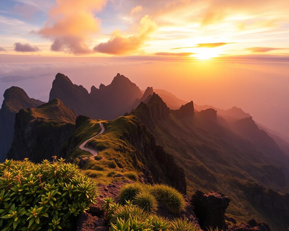 A breathtaking view of Pico do Arieiro in Madeira, capturing the majestic peaks and rugged terrain. In the foreground, vibrant green vegetation and rocky outcrops create a dynamic texture. The middle ground features steep cliffs and winding trails that invite exploration, illustrating the famous hiking route. In the background, the sun sets behind the mountains, casting a warm golden light that highlights the jagged silhouettes against a dramatic sky painted in hues of orange and purple. The atmosphere is serene yet invigorating, embodying the spirit of adventure that awaits hikers. The perspective is slightly elevated, as if observing the scene from a nearby viewpoint, emphasizing the grandeur of the landscape without any human subjects.
