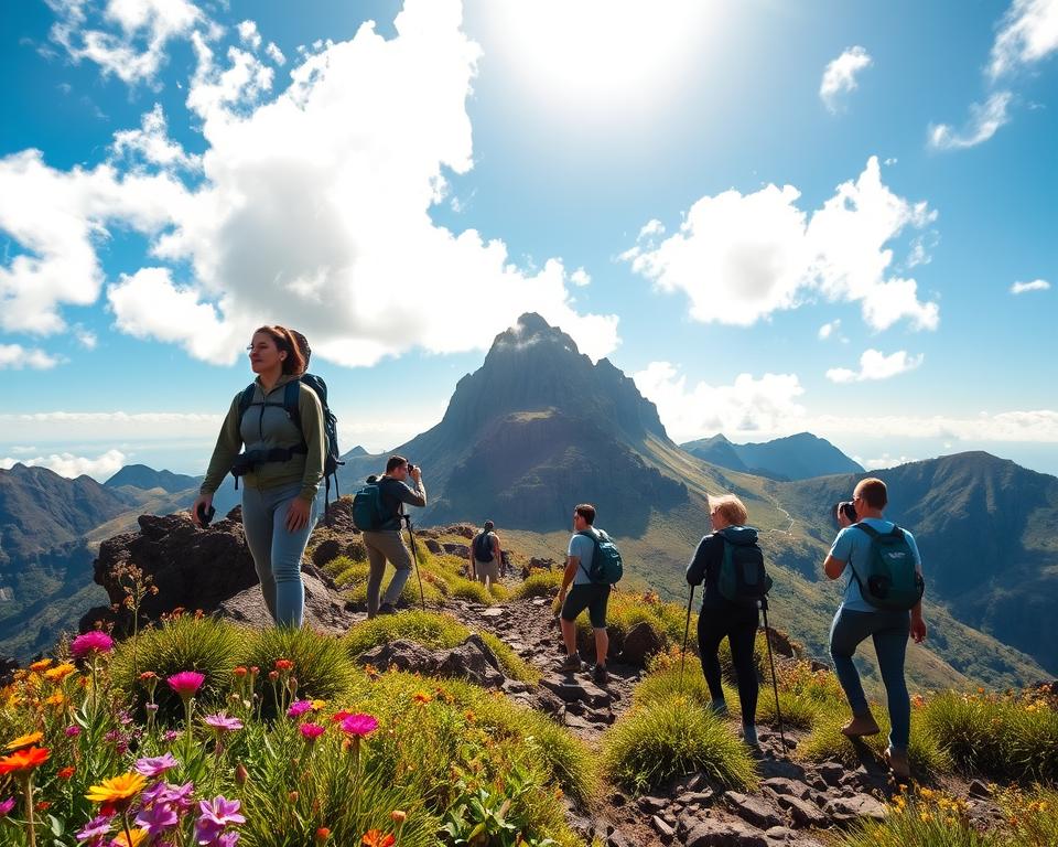 A breathtaking view of Pico do Arieiro in Madeira, showcasing its dramatic rocky formations and lush vegetation. In the foreground, highlight vibrant wildflowers and greenery, leading up to the rocky path. In the middle ground, capture hikers dressed in modest outdoor attire, engaged in photography, with backpacks and camera gear in hand, framed by the stunning landscape. The background features the majestic Pico do Arieiro peak towering against a bright blue sky, sprinkled with fluffy white clouds, while the sun casts a warm golden light, enhancing the textures of the rocks and greenery. The atmosphere conveys a sense of adventure and tranquility, attracting enthusiasts to this beautiful hiking destination, ideal for capturing memorable photographs.