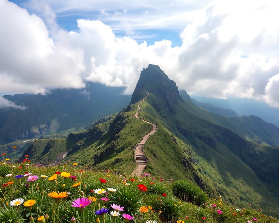 A breathtaking view of Pico do Arieiro in Madeira, showcasing its rugged granite peaks and lush green valleys. The foreground features vibrant wildflowers in various colors, gently swaying in a light breeze. In the middle ground, a winding hiking path leads toward the towering summit, inviting exploration while emphasizing sustainable hiking practices. The background reveals dramatic clouds casting soft shadows on the landscape, with a gentle sunlight filter creating a serene atmosphere. Capture the essence of the high-altitude ecosystem, infused with earthy tones and the rich textures of nature. Use natural lighting to highlight the vibrant colors, aiming for a wide-angle shot that enhances the grandeur and tranquility of this pristine environment, evoking a sense of adventure and respect for nature.