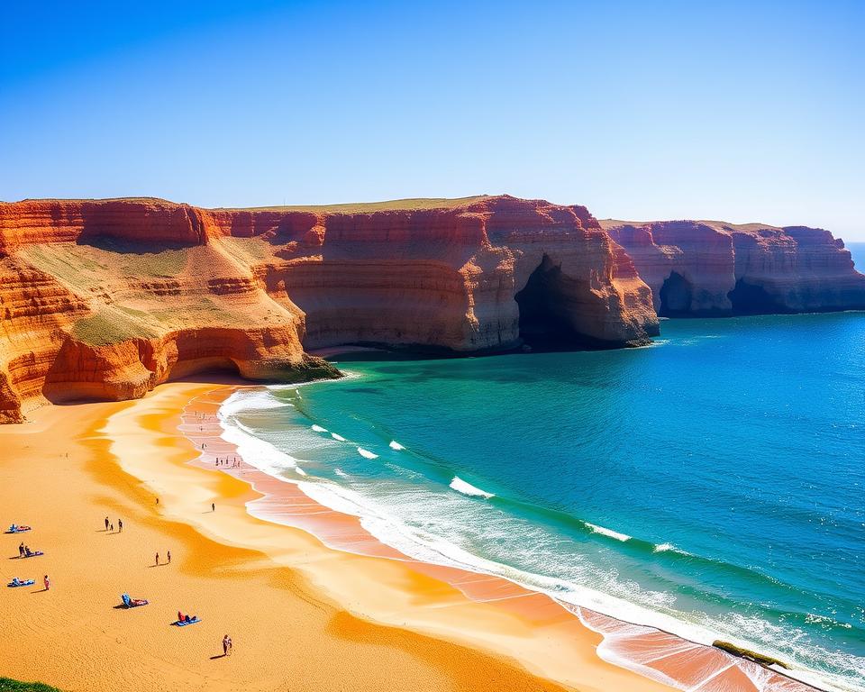 A breathtaking view of Praia da Falésia, Portugal, showcasing the stunning red and orange cliffs contrasting with the turquoise waters of the Atlantic Ocean. In the foreground, a golden sandy beach stretches invitingly under a clear blue sky, dotted with a few beachgoers in modest casual attire. The middle ground features gentle waves lapping at the shore, while beach umbrellas and towels are placed strategically, adding vibrancy. The background displays the majestic cliffs, intricately textured with layers of sediment, under the warm glow of late afternoon sunlight. Soft shadows create a relaxed atmosphere, making it feel like a perfect getaway. Capture this idyllic scene from a slightly elevated angle to emphasize the landscape's beauty without any text or distractions.